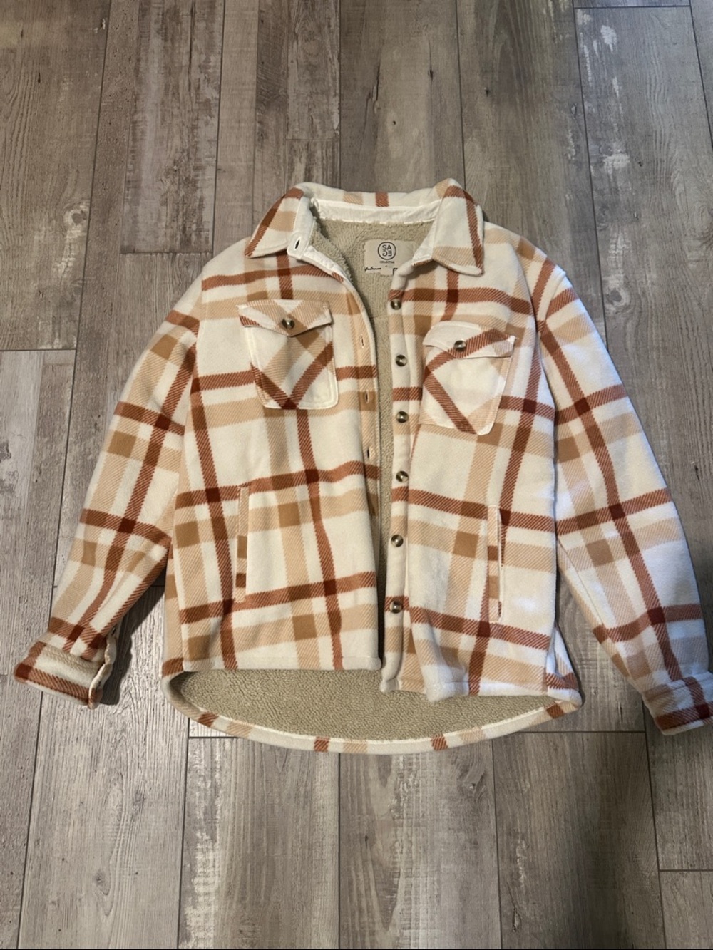 Sherpa-Lined Plaid Teddy Jacket in Cream & Brown